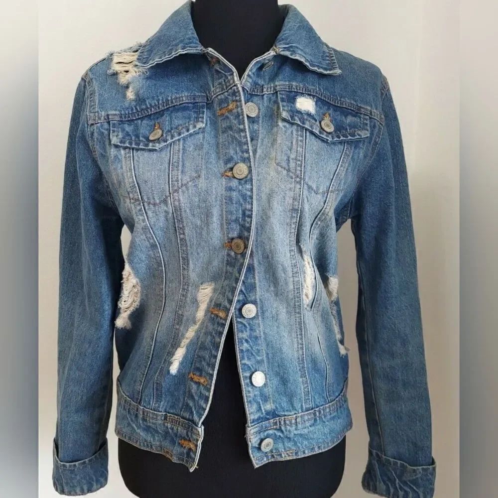 Denim BLVD Distressed Blue Jean Coat Jacket MEDIUM 100% Cotton Button Pockets